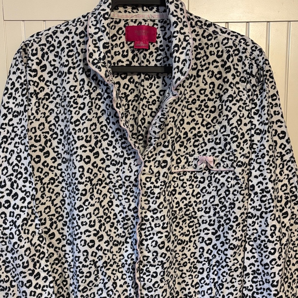 Victoria's Secret Black and White Leopard Print Pajama Top with Pink Bow